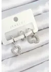 Pirinç Zirkon Taşlı Kalp Model Gümüş Renk 3lü Çift Kadın Küpe Set