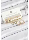 Pirinç Zirkon Taşlı Kalp Ve Halka Model Gold Renk 6lı Set Kadın Küpe
