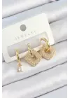 Pirinç Zirkon Taşlı Kare Model Gold Renk 3lü Çift Kadın Küpe Set