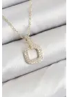 Pirinç Zirkon Taşlı Kare Model Gold Renk Kadın Kolye