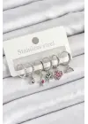 Pirinç Zirkon Taşlı Karpuz Yonca Kalp Pusula Karışık Model Gümüş Renk 6lı Set Kadın Küpe