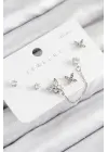 Pirinç Zirkon Taşlı Kelebek Model Gümüş Renk 925 Ayar Gümüş Çivi Kadın Küpe Set