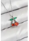 Pirinç Zirkon Taşlı Kiraz Model Gümüş Renk Kadın Kolye