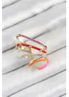 Pirinç Zirkon Taşlı Kırmızı Turuncu Pembe Sıkıştırma Sağ Kıkırdak Gold Renk Kadın Küpe