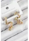 Pirinç Zirkon Taşlı Kıvrımlı Model Gold Renk Kadın Küpe