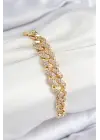 Pirinç Zirkon Taşlı Küba Zincir Model Gold Renk Kadın Bileklik