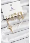 Pirinç Zİrkon Taşlı Kutup Yıldızı Model Gold Renk 3lü Çift Kadın Küpe