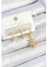 Pirinç Zirkon Taşlı Kutup Yıldızı Model Gold Renk 3lü Çift Kadın Küpe Set