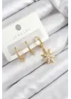 Pirinç Zirkon Taşlı Kutup Yıldızı Model Gold Renk 3lü Set Kadın Küpe