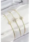 Pirinç Zirkon Taşlı Kutup Yıldızı Model Gold Renk Vip 3lü Kadın Bileklik