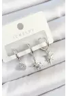 Pirinç Zirkon Taşlı Kutup Yıldızı Model Gümüş Renk 3lü Çift Kadın Küpe Set