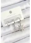Pirinç Zirkon Taşlı Kutup Yıldızı Model Gümüş Renk 3lü Çift Kadın Küpe Set