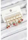 Pirinç Zirkon Taşlı Meyve Temalı Karışık Model Gold Renk 6lı Set Kadın Küpe