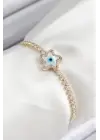 Pirinç Zirkon Taşlı Nazar Yıldız Model Gold Renk Asansörlü Kadın Bileklik