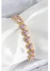 Pirinç Zirkon Taşlı Pembe Kalp Baget Model Gold Renk VIP Seri Kadın Bileklik