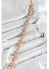 Pirinç Zirkon Taşlı Pembe Kalp Baget Model Gold Renk VIP Seri Kadın Bileklik