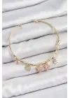 Pirinç Zirkon Taşlı Pembe Kalp Model Gold Renk Charm Bileklik
