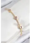 Pirinç Zirkon Taşlı Pembe Kalp Model Gold Renk Kadın Bileklik