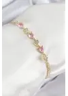 Pirinç Zirkon Taşlı Pembe Kalp Model Gold Renk Kadın Bileklik