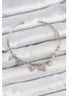Pirinç Zirkon Taşlı Pembe Kalp Model Gümüş Renk Charm Bileklik
