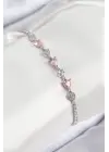 Pirinç Zirkon Taşlı Pembe Kalp Model Gümüş Renk Kadın Bileklik