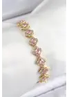 Pirinç Zirkon Taşlı Pembe Yonca Baget Model Gold Renk VIP Seri Kadın Bileklik