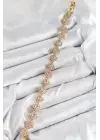 Pirinç Zirkon Taşlı Pembe Yonca Baget Model Gold Renk VIP Seri Kadın Bileklik