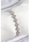 Pirinç Zirkon Taşlı Pembe Yonca Baget Model Gümüş Renk VIP Seri Kadın Bileklik