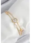 Pirinç Zirkon Taşlı Pırlanta Model Gold Renk Kadın Bileklik