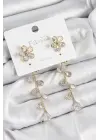 Pirinç Zirkon Taşlı Sallantılı Çiçek Model Gold Renk 925 Ayar Gümüş Çivi Kadın Küpe