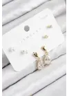 Pirinç Zirkon Taşlı Sallantılı Damla Model Gold Renk 925 Ayar Gümüş Çivi Kadın Küpe Set