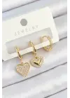 Pirinç Zirkon Taşlı Sallantılı Kalp Model Gold Renk 3lü Çift Kadın Küpe Set