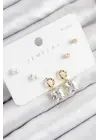 Pirinç Zirkon Taşlı Sallantılı Kare Model Gold Renk 925 Ayar Gümüş Çivi Kadın Küpe Set