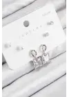 Pirinç Zirkon Taşlı Sallantılı Kare Model Gümüş Renk 925 Ayar Gümüş Çivi Kadın Küpe Set