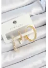 Pirinç Zirkon Taşlı Sallantılı Model Gold Renk 3lü Çift Kadın Küpe Set