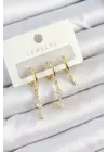 Pirinç Zirkon Taşlı Sallantılı Model Gold Renk 3lü Çift Kadın Küpe Set