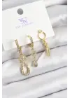 Pirinç Zİrkon Taşlı Sallantılı Model Gold Renk 3lü Kadın Küpe