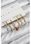 Pirinç Zirkon Taşlı Sallantılı Model Gold Renk 6lı Küpe Set
