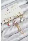 Pirinç Zirkon Taşlı Sallantılı Ve İncili Gold Renk 6lı Küpe Set