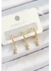 Pirinç Zirkon Taşlı Sallantılı Yıldız Model Gold Renk 3lü Çift Kadın Küpe Set
