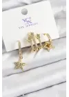 Pirinç Zİrkon Taşlı Sallantılı Yıldız Model Gold Renk 3lü Kadın Küpe