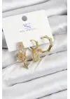 Pirinç Zİrkon Taşlı Sallantılı Yıldız Model Gold Renk 3lü Kadın Küpe