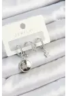 Pirinç Zirkon Taşlı Sallantılı Yıldız Model Gümüş Renk 3lü Çift Kadın Küpe Set