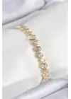 Pirinç Zirkon Taşlı Sıralı Damla Kalp Ve Dikdörtgen Model Gold Renk Kadın Bileklik
