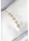 Pirinç Zirkon Taşlı Sıralı Yıldız Model Gold Renk Asansörlü Kadın Bileklik