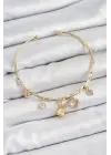 Pirinç Zirkon Taşlı Tavşan Ve Kalp Model Gold Renk Charm Bileklik