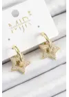 Pirinç Zirkon Taşlı Yıldız Figürlü Halka Model Gold Renk Kadın Küpe