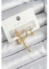 Pirinç Zirkon Taşlı Yıldız Model Gold Renk 3lü Çift Kadın Küpe Set