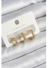 Pirinç Zirkon Taşlı Yıldız Model Gold Renk 3lü Çift Kadın Küpe Set