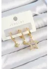 Pirinç Zirkon Taşlı Yıldız Model Gold Renk 3lü Çift Kadın Küpe Set